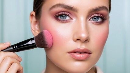 Beautiful young woman applies vibrant pink blush, enhancing her glowing complexion and captivating blue eyes for a fresh, radiant beauty look