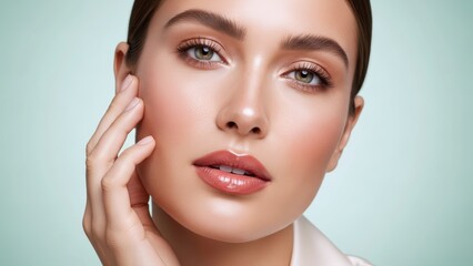 Beautiful young woman gently touches her radiant complexion, showcasing a healthy glow and perfect skin with natural makeup on a fresh green background