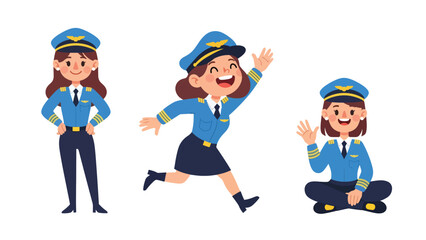 Flat vector sticker set of cute women pilots with airplane icons, maps, and headset. Perfect for aviation career graphics and professional character collections