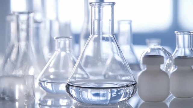 Video A collection of glass flasks sitting on a flat surface, ideal for use in still life or product displays