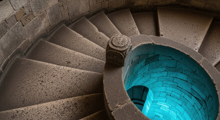 Worn stone staircase leading down to a sanctum with glowing blue water at the bottom. Represents ancient rituals and hidden spaces, suitable for themes of mysticism and exploration.