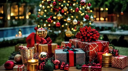 Christmas Treasures: A festive Christmas scene with a beautifully adorned tree and an array of thoughtfully wrapped gifts, each a promise of joy and celebration.