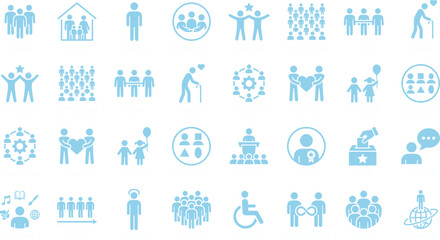 Community icon set, social symbols, diversity graphics, global network visuals, education and relationship tools, blue theme, people and culture