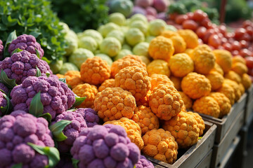 Fresh colorful cauliflower and leafy greens displayed at market  