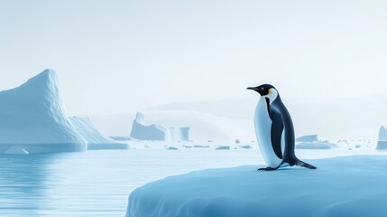 Fototapeta premium A solitary emperor penguin stands on an ice floe in a vast icy polar landscape