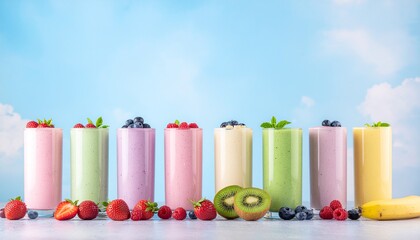 A vibrant collection of fresh fruit smoothies displayed in colorful glasses against a bright blue sky