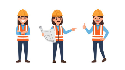 Flat vector set featuring cute women engineers with blueprint, wrench, and hard hat. Ideal for STEM careers, building professions, and industrial illustrations