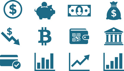 Finance icon set, economic symbols, banking graphics, investment visuals, cryptocurrency tools, payment methods, blue theme, financial data elements