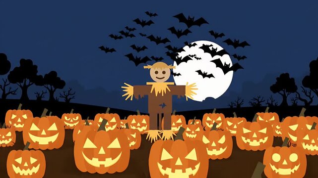 Spooky Pumpkin Patch Night Animation Loop With Bats And Scarecrow