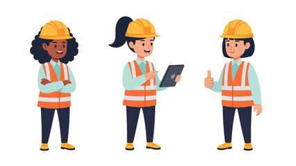 Flat vector set featuring cute women engineers with blueprint, wrench, and hard hat. Ideal for STEM careers, building professions, and industrial illustrations
