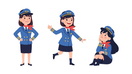 Flat vector sticker set of cute women pilots with airplane icons, maps, and headset. Perfect for aviation career graphics and professional character collections