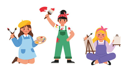 Flat vector set featuring cute women artists painting, sketching, and creating artwork. Ideal for creative career themes and artistic planner elements