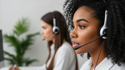 Customer Support Harmony: Focused customer service representatives, each wearing a headset, offer friendly, knowledgeable support.