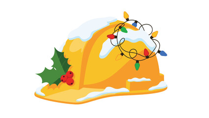 Festive construction worker holiday safety with hard hat and Christmas lights, snowy scene to promote seasonal workplace celebrations