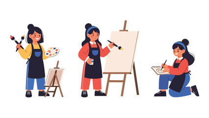 Flat vector set featuring cute women artists painting, sketching, and creating artwork. Ideal for creative career themes and artistic planner elements
