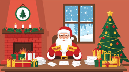 Santa Claus sitting at his desk, surrounded by presents and Christmas decorations, writing letters in a cozy room