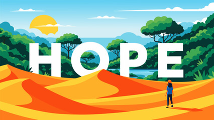An inspiring and beautiful digital illustration featuring the word 'HOPE' with a person standing amidst a scenic landscape, symbolizing optimism and encouragement