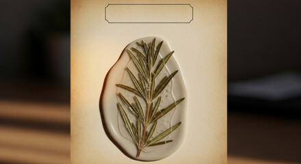 Herb sprig preserved in wax seal, surrounded by warm light on parchment background. Concept of ancient rituals, botanical art, or natural decoration. Useful for articles on herbalism and design.