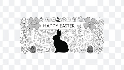 Happy easter greeting card featuring a black silhouette of a bunny surrounded by delicate floral illustrations and decorative easter eggs in a charming black and white sketch style