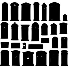 Silhouette collection of various gravestones and memorial markers on transparent background