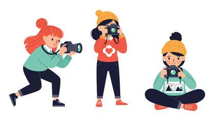 Flat vector sticker collection of women photographers capturing photos, holding camera, and editing shots. Ideal for creative media career visuals