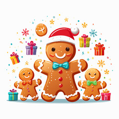 Fototapeta premium Gingerbread men family in Christmas decorations. Vector illustration of gingerbread people wearing Santa hats and bows. Holiday sweets characters. Christmas gift boxes and confetti.