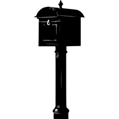 Illustration of a black mailbox on a post against white backdrop on transparent background silhouette