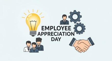 Employee appreciation day concept with light bulb, handshake, gears, and people icons symbolizing teamwork and recognition
