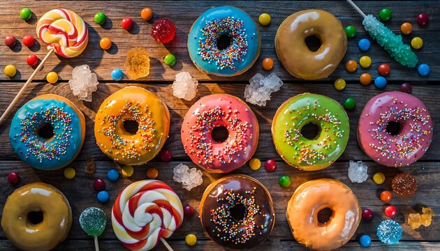Colorful Glazed Donuts and Assorted Sweets on Rustic Wooden Table