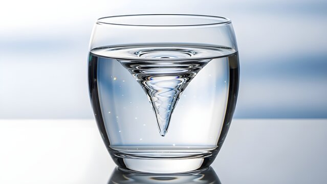 A transparent glass vessel swirling with a perfectly captured vortex of clear water, with refracted rainbow micro-highlights inside the glass. Ultra-clean, premium, refreshing&mdash;strong appeal 