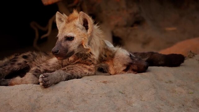 Hyena puppy resting on sand