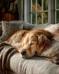 Soft interior pet space, soft interior with pet calm, natural style soft interior pet Golden retriever napping on a cozy sofa.
