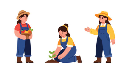 Flat vector collection featuring cute women farmers harvesting vegetables, watering plants, and working outdoors. Ideal for agriculture job visuals