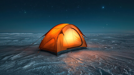 An orange expedition tent standing alone in the vast Arctic wilderness during a polar night