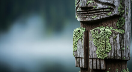 Close-up of mystical totem with lichen blooms, highlighting ancient rituals and cultural significance. Ideal for themes related to spirituality, nature, and heritage.