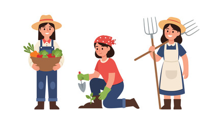Flat vector collection featuring cute women farmers harvesting vegetables, watering plants, and working outdoors. Ideal for agriculture job visuals