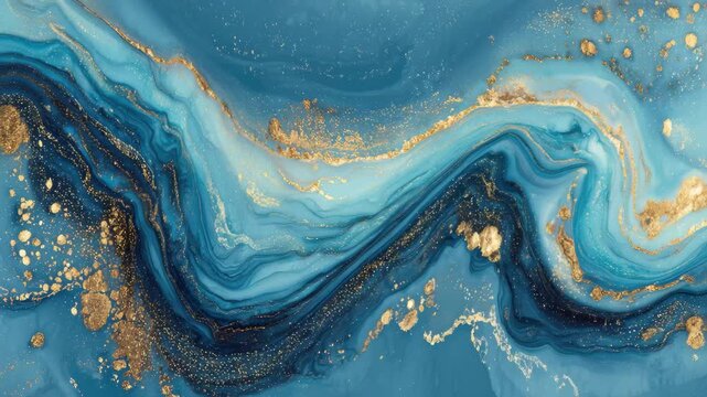 Colorful abstract art with blue and gold waves flowing dynamically across the canvas, creating a soothing and elegant design
