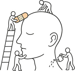Abstract Mental Health Concept - Tiny Figures Applying Band-Aid to Head Vector