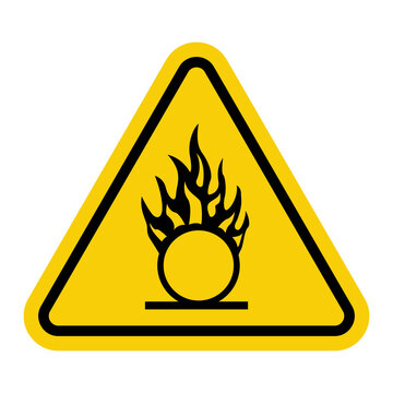 Oxidizer sign. Yellow warning triangle sign. Substances that accelerate the combustion of other materials. Avoid contact of oxidizers with flammable substances.