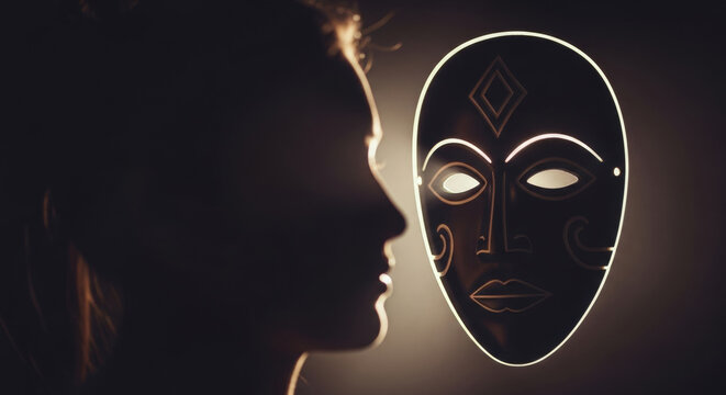 Silhouette of a woman in profile against backlit ritual mask, showcasing intricate carved contours and foggy rimlight. This image represents themes of ancient rituals and cultural heritage.