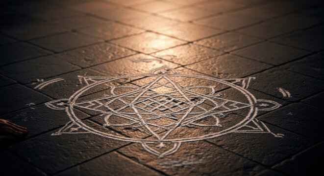 Geometric sigil on floor with soft candle glow illuminating details. Represents ancient rituals and spiritual practices. Suitable for articles or materials focusing on mysticism and meditation.