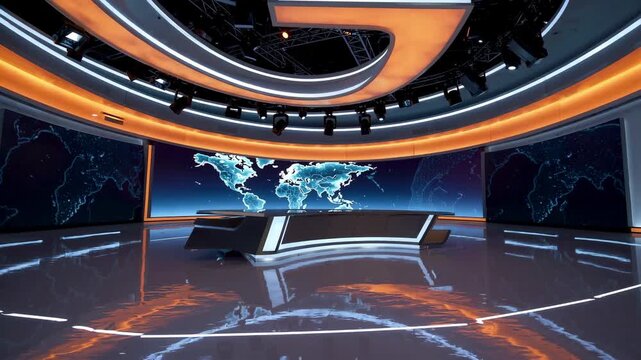 Modern news studio with illuminated curved desk, digital world map screen, high tech lighting, glossy floor reflecting futuristic ambiance