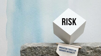 White cube with word risk teetering on edge