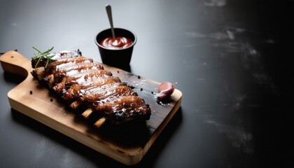 Delicious barbecue ribs glazed with sauce served on a wooden board with a small bowl of dipping sauce