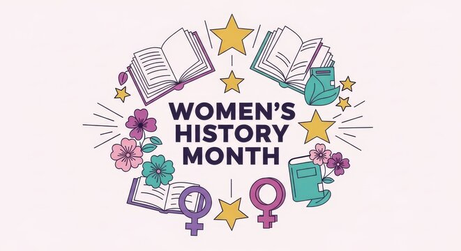 Womens history month graphic with books, stars, flowers, and female symbols in a circular wreath design - Powered by Adobe