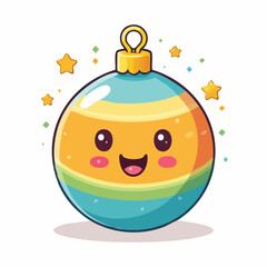 Cartoon Christmas ornament. Smiling face. Colorful ball decoration. Holiday icon. Vector illustration. White background. Festive symbol. Christmas tree decoration. Fun design element.
