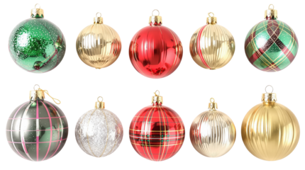 Ornaments, assorted christmas decorations against a black background isolated on transparent background