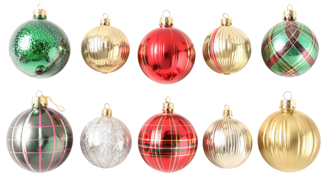 Ornaments, assorted christmas decorations against a black background isolated on transparent background