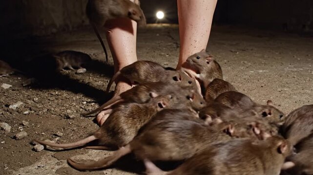 Close up bare feet on dirty concrete floor surrounded by swarm of brown rats. Eerie horror scene depicting infestation and unsanitary conditions. Ideal for pest control or phobia concepts.