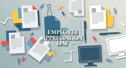 Employee appreciation day with scattered documents, pens, thumbtacks, paper clips, and computer monitors on a desk